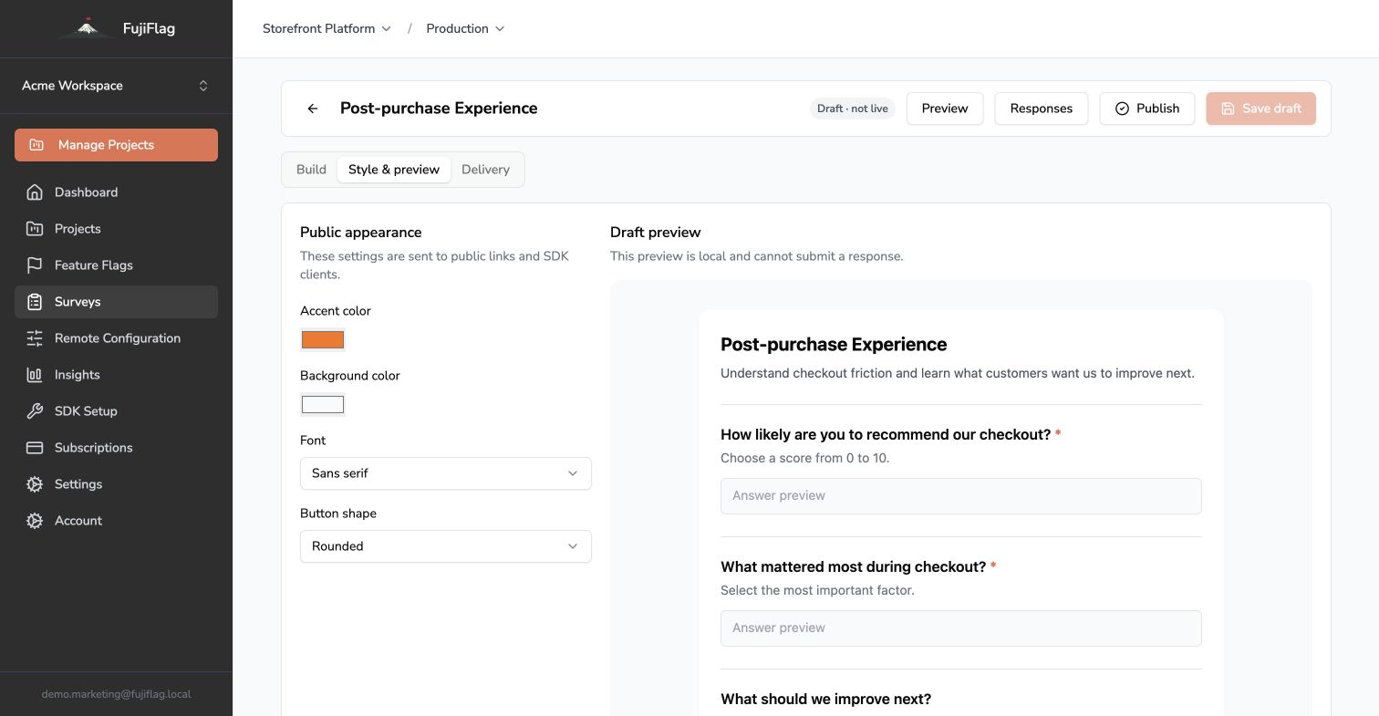 FujiFlag survey appearance editor and draft preview